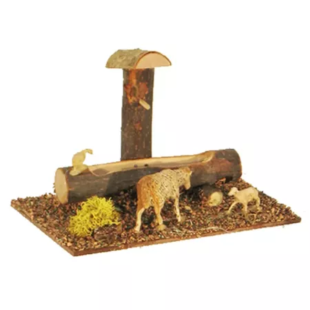 Tradineur - Abrevadero con animales para portal de belén 11 x 15,5 x 9 cm, corcho y resina, bebedero ovejas, patos, gallinas, as