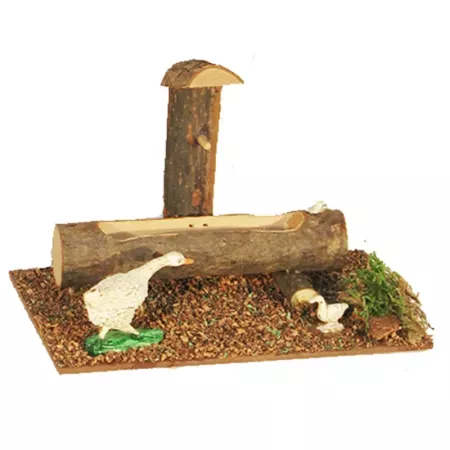 Tradineur - Abrevadero con animales para portal de belén 11 x 15,5 x 9 cm, corcho y resina, bebedero ovejas, patos, gallinas, as
