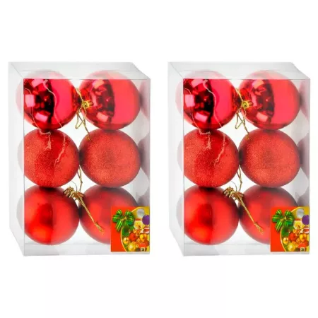 Pack 12 Bolas Navideñas Rojas 8 cm con Cordón Dorado Pack 12 Bolas Navideñas Rojas 8 cm con Cordón Dorado