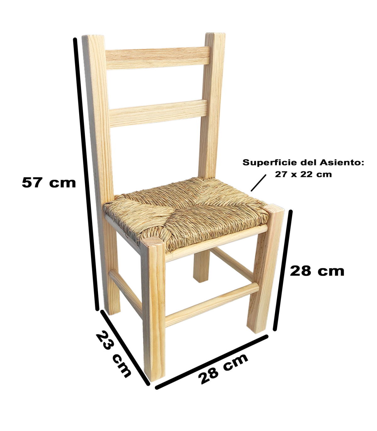 Silla infantil de madera natural, respaldo de pico, altura del asiento 29,7  cm, silla para niños con reposapiés, 57