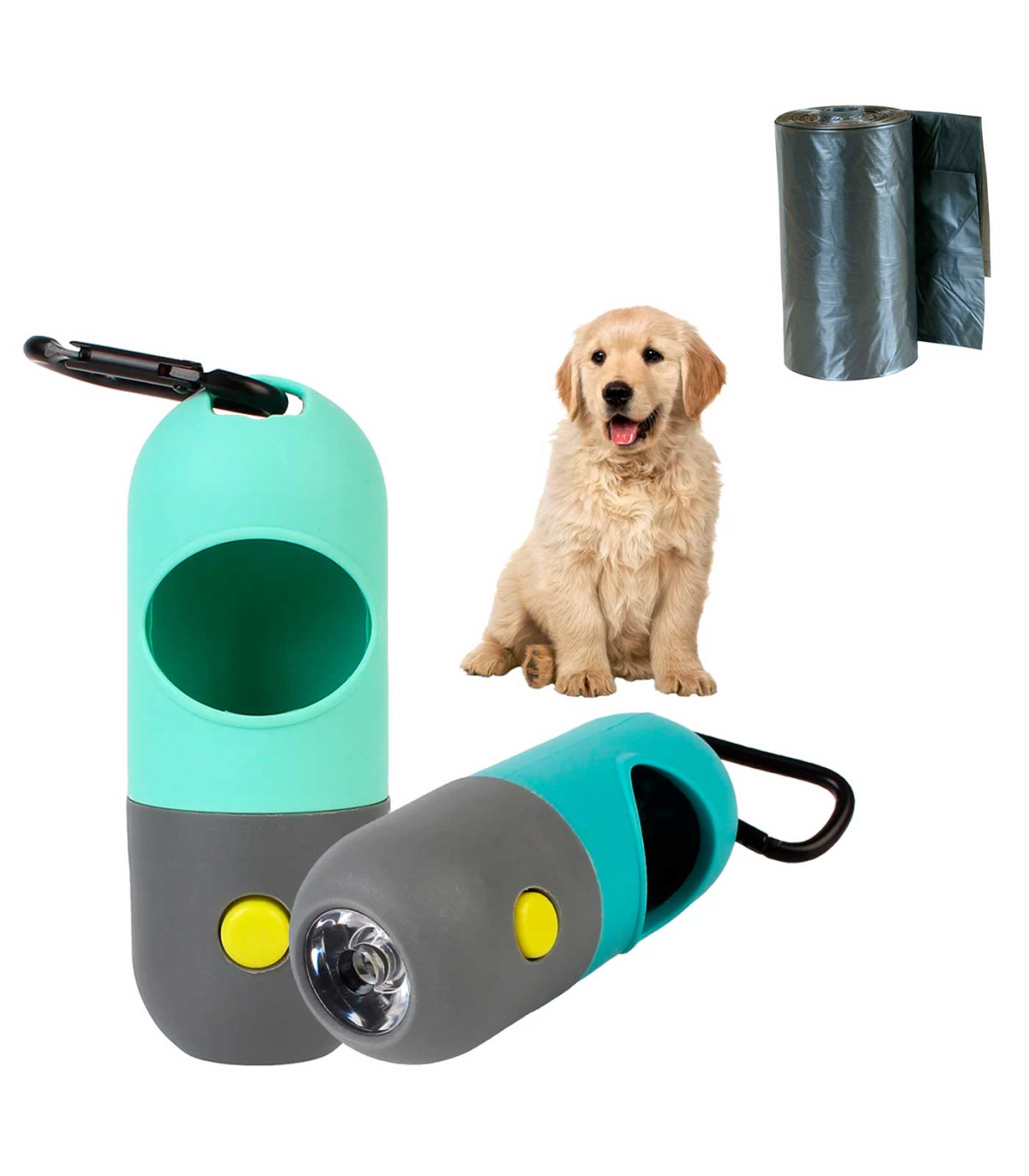 Tradineur - Dispensador de bolsas para excrementos de perro con linterna  LED incorporada, clip de metal para correa y un rollo d