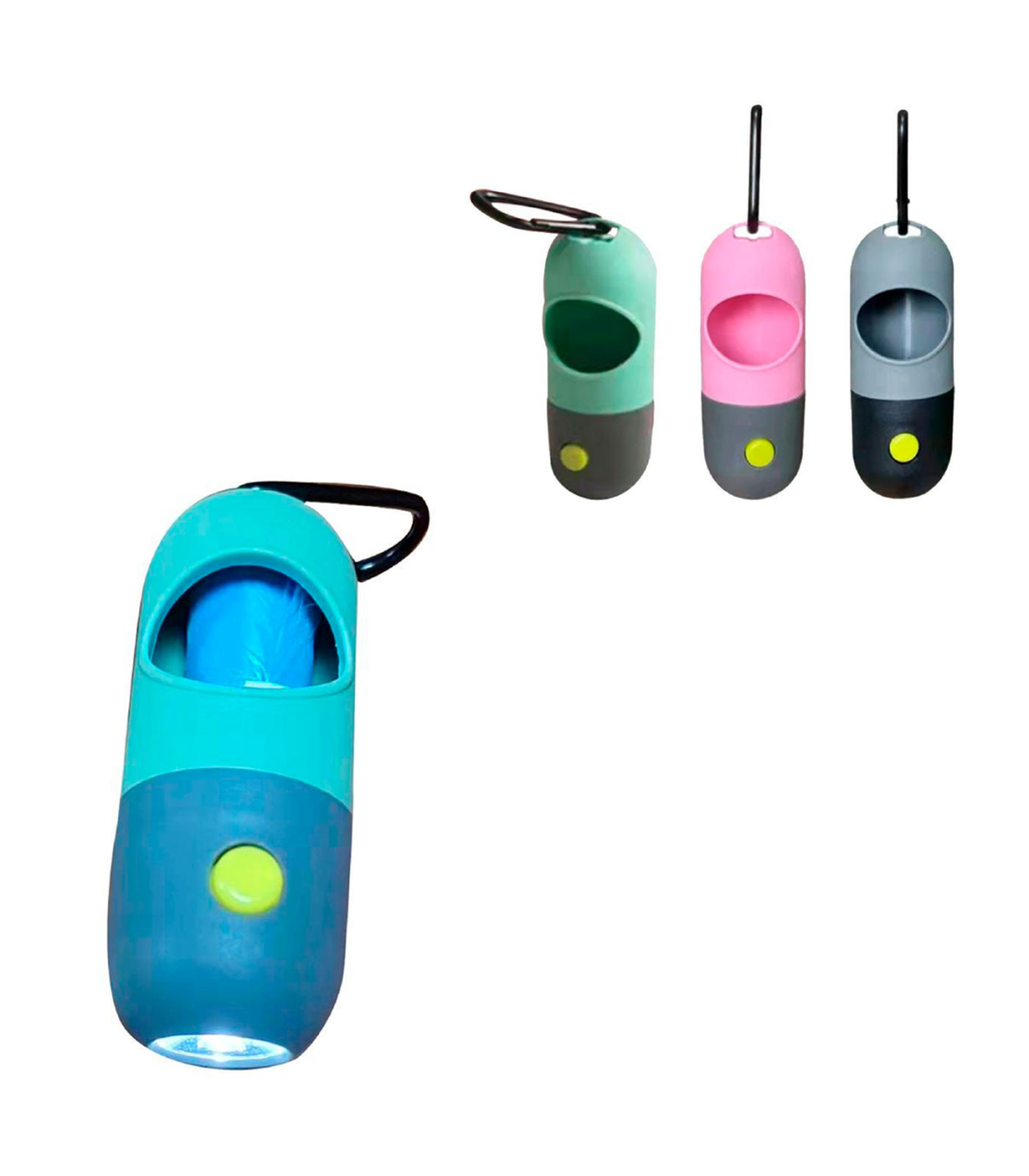 Tradineur - Dispensador de bolsas para excrementos de perro con linterna  LED incorporada, clip de metal para correa y un rollo d