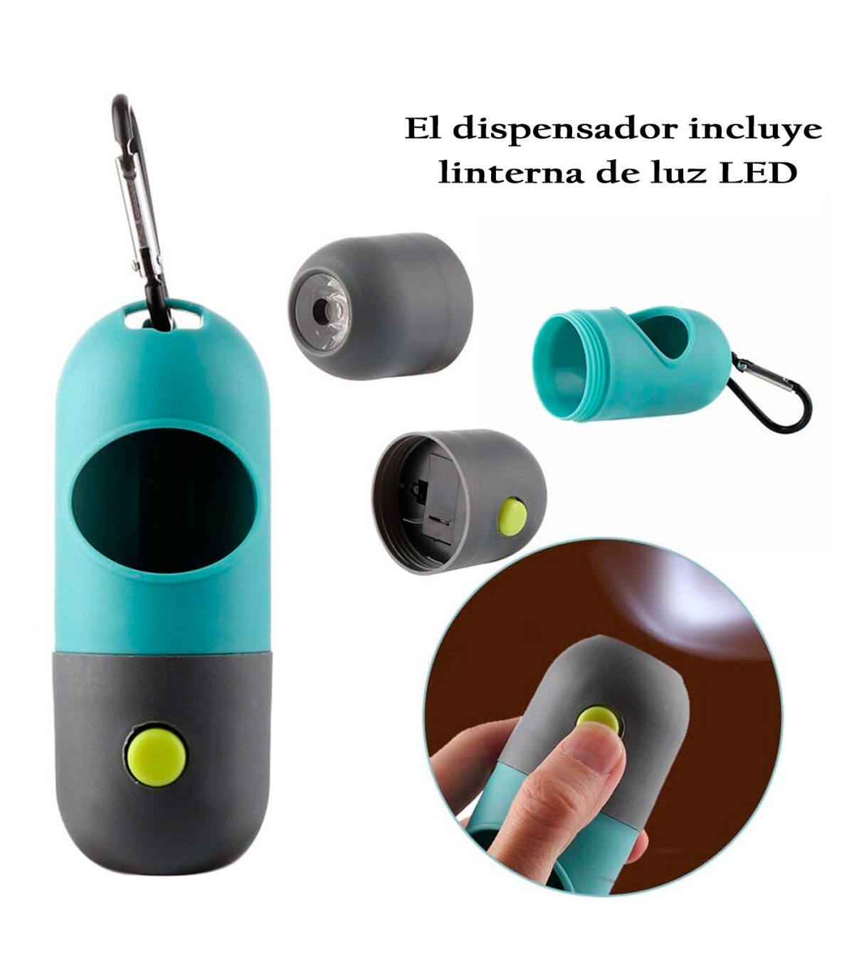 Tradineur - Linterna LED con dispensador de bolsas para excrementos de perro,  clip para correa y 3 rollos de bolsas, portabolsas