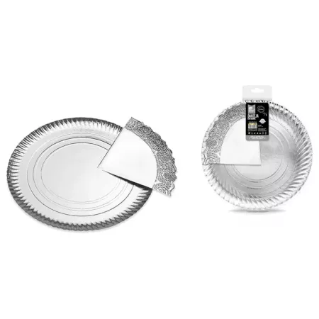 Bandeja de cartón plateada redonda con blonda, diámetro 38 cm, fuente reciclable para pasteles con encaje de papel, especial par