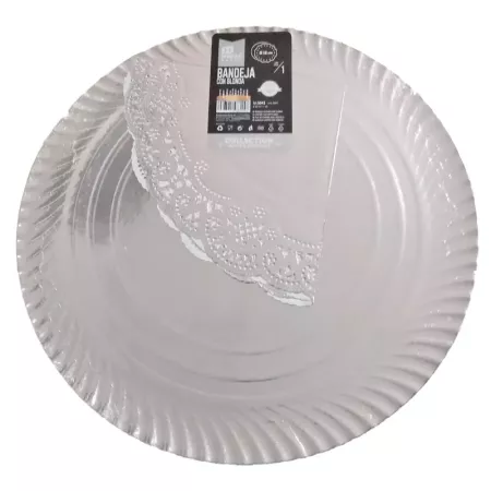 Bandeja de cartón plateada redonda con blonda, diámetro 38 cm, fuente reciclable para pasteles con encaje de papel, especial par