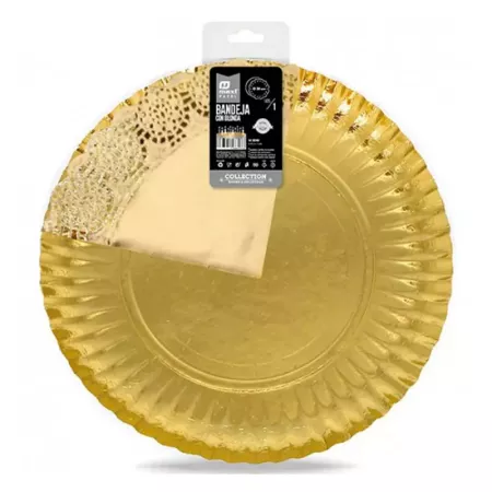 Bandeja Redonda Dorada 38 cm con Blonda Reciclable