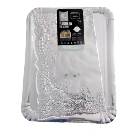 Bandeja rectangular plateada 25x34 cm para pasteles y fiestas