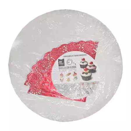 Bandeja de cartón redonda blanca con blonda roja, diámetro 34,5 cm, fuente reciclable para pasteles con encaje de papel, especia