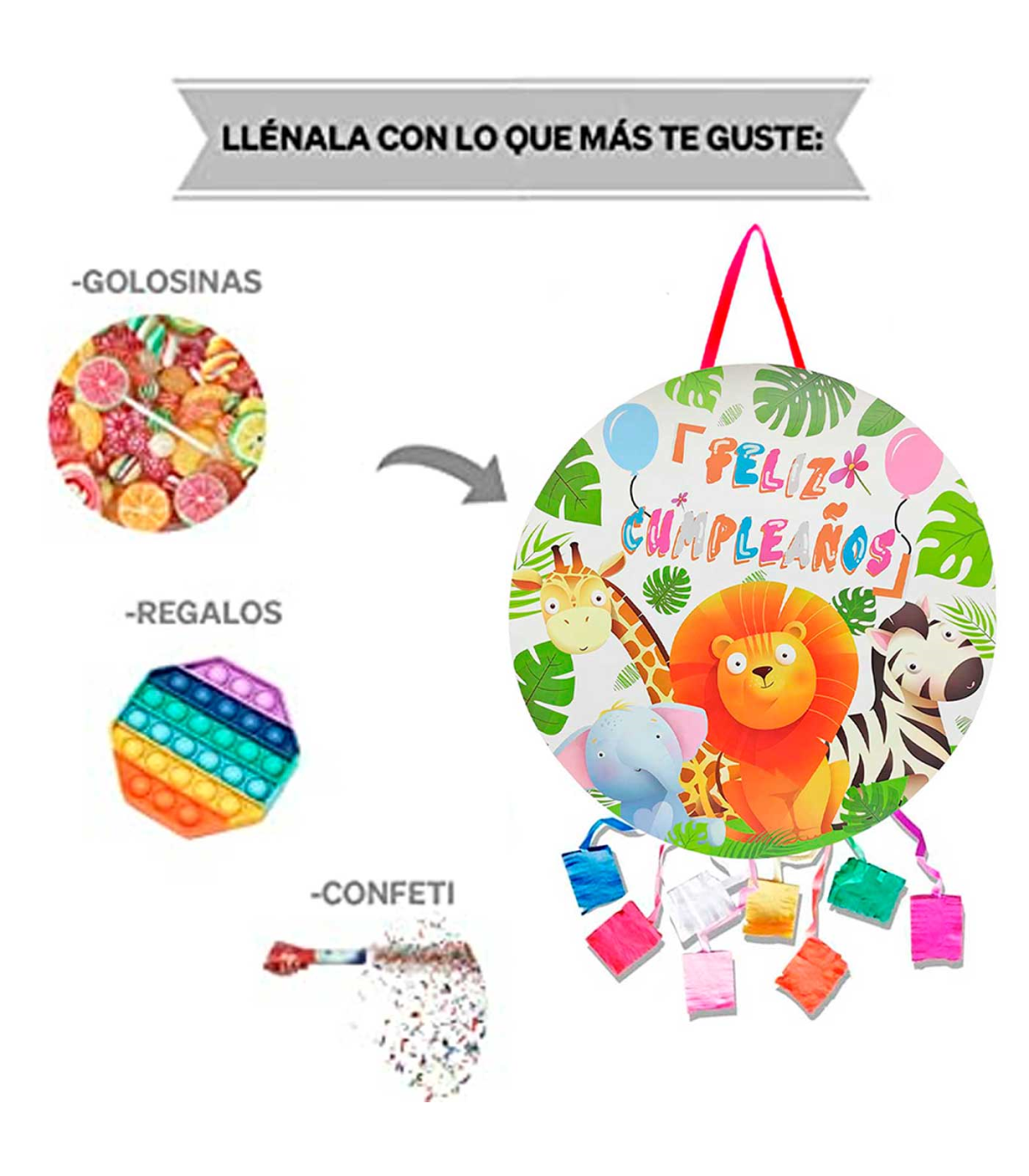 Tradineur - Piñata redonda de feliz cumpleaños con animales