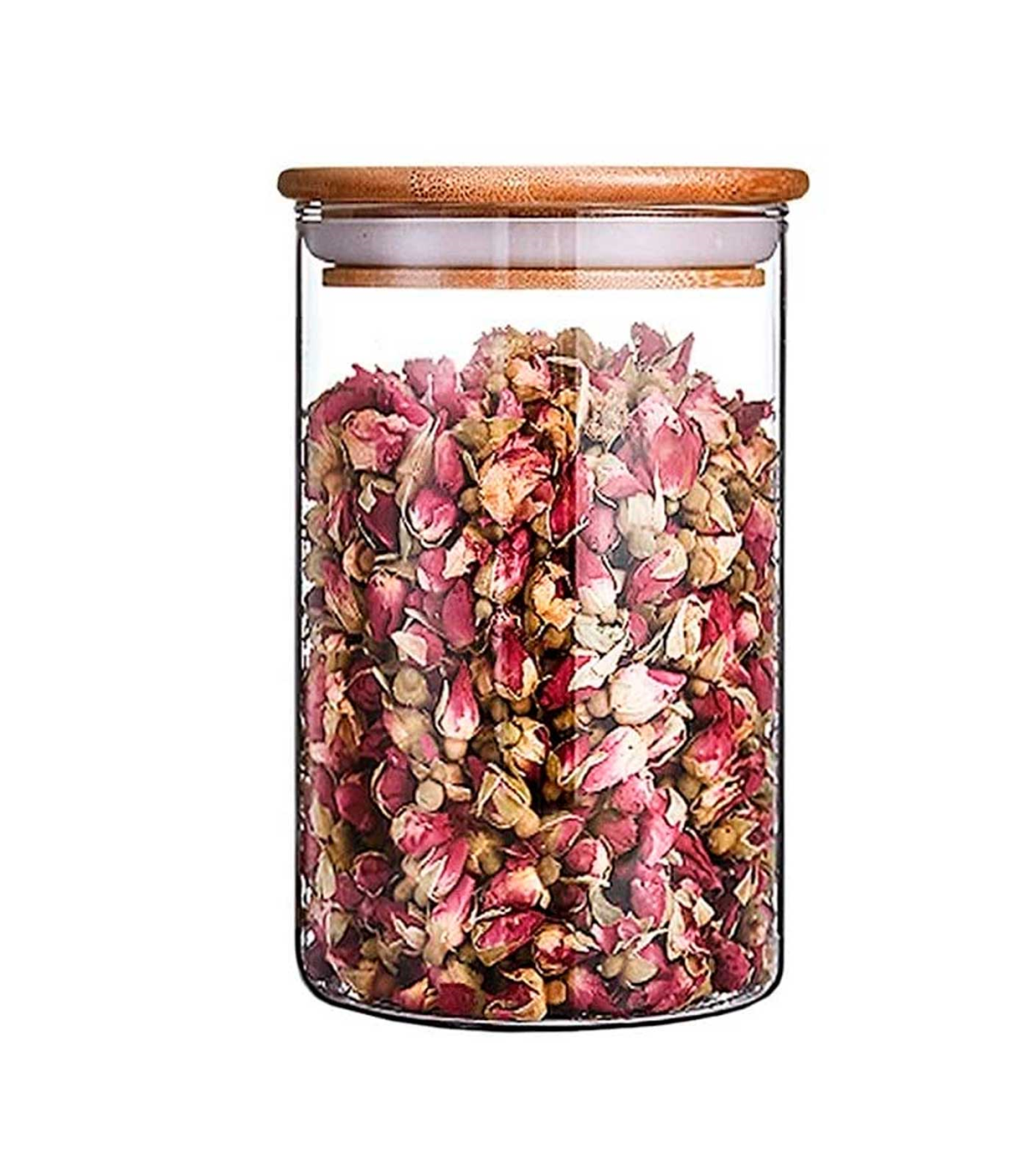 Tradineur - Bote de vidrio de borosilicato decorado y tapa de bambú,  recipiente, tarro para pasta, café, legumbres, especias, 12