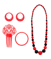 Tradineur - Set de flamenca bicolor, plástico, incluye collar, peineta, pulsera y pendientes, complementos para disfraz de sevillana, Carnaval, Halloween, cosplay, fiestas, rojo y negro