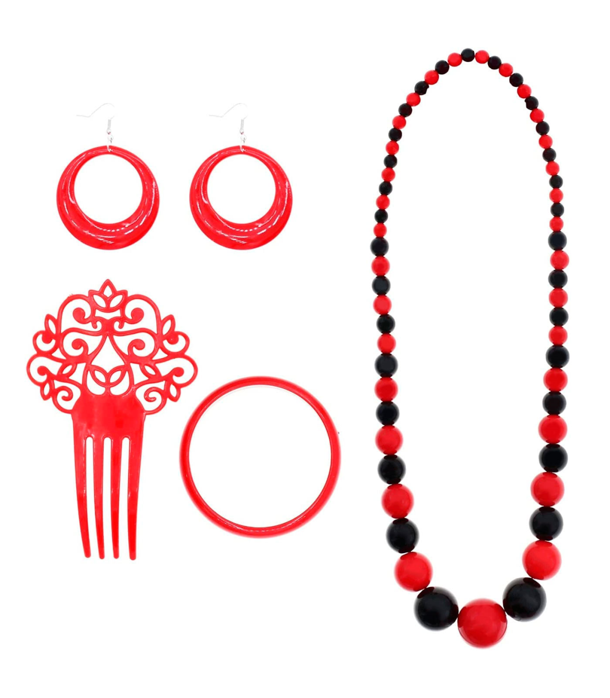 Tradineur - Set de flamenca bicolor, plástico, incluye collar, peineta,  pulsera y pendientes, complementos para disfraz de sevil