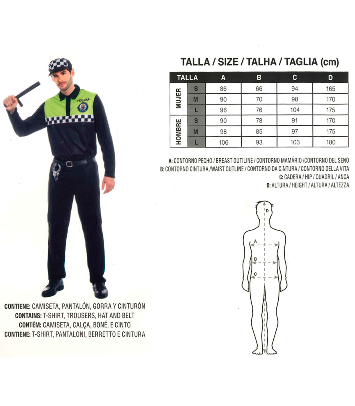 Tradineur - Disfraz de policía adulto, agente policía local, fibra  sintética, incluye camiseta, pantalón, gorra y cinturón, carn