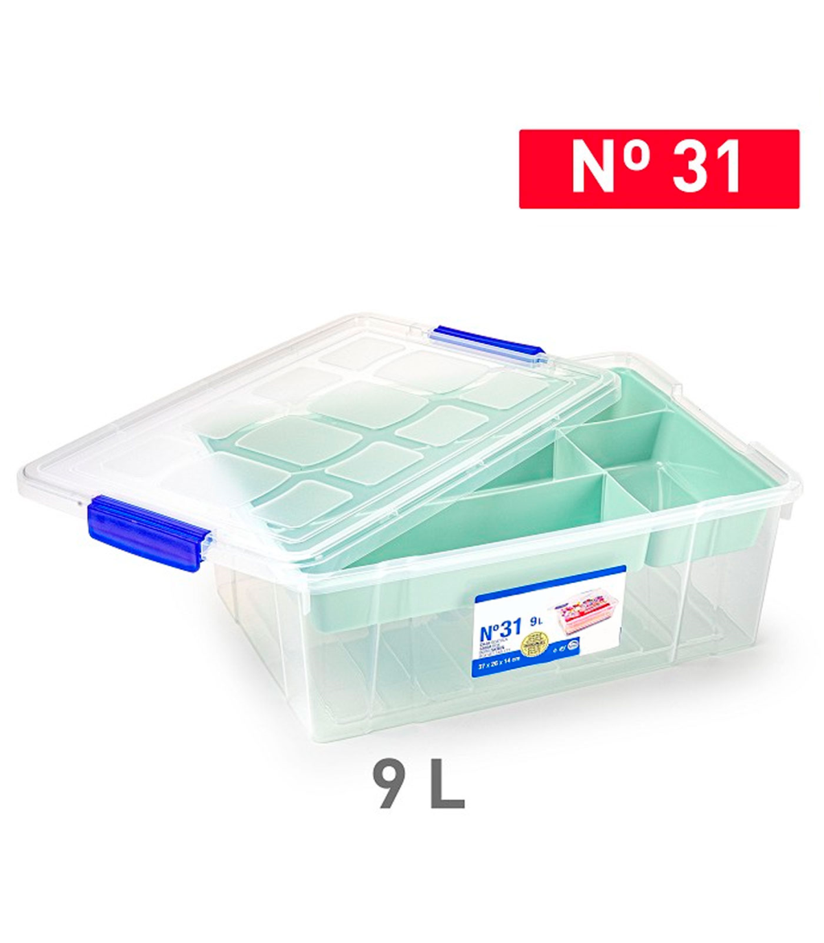 Tradineur - Caja de plástico con tapa y bandeja Nº31, transparente, cajón  de almacenaje, ordenación, almacenamiento objetos, 9 l