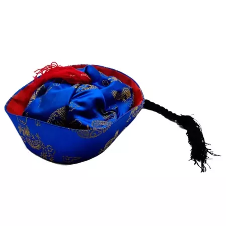 Gorro chino de tela de color azul con detalles dorado para niños para carnavales, halloween, fiestas y celebraciones. Tamaño: 6 Gorro chino de tela de color azul con detalles dorado para niños para carnavales, halloween, fiestas y celebraciones. Tamaño: 6