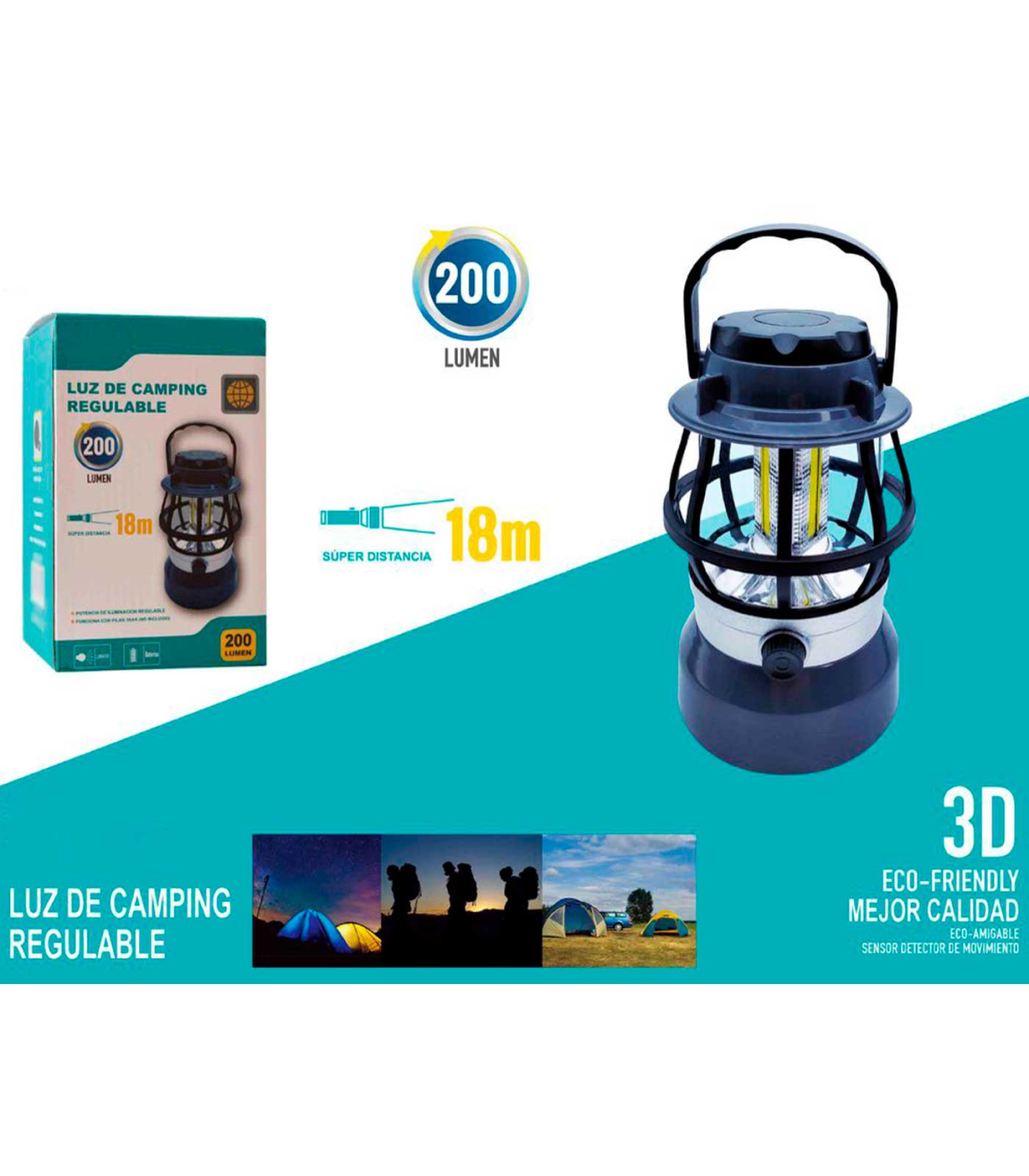 Tradineur - Farol, luz de camping regulable con asa, 200 lumen, 18 m de  distancia, iluminación de exterior a pilas, portátil, ex