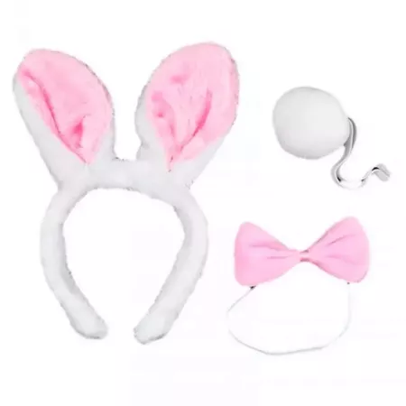 Set 3 piezas de disfraz de conejo de color blanco y rosa, complemento para carnaval, halloween y celebraciones. Tamaño orejas: 2