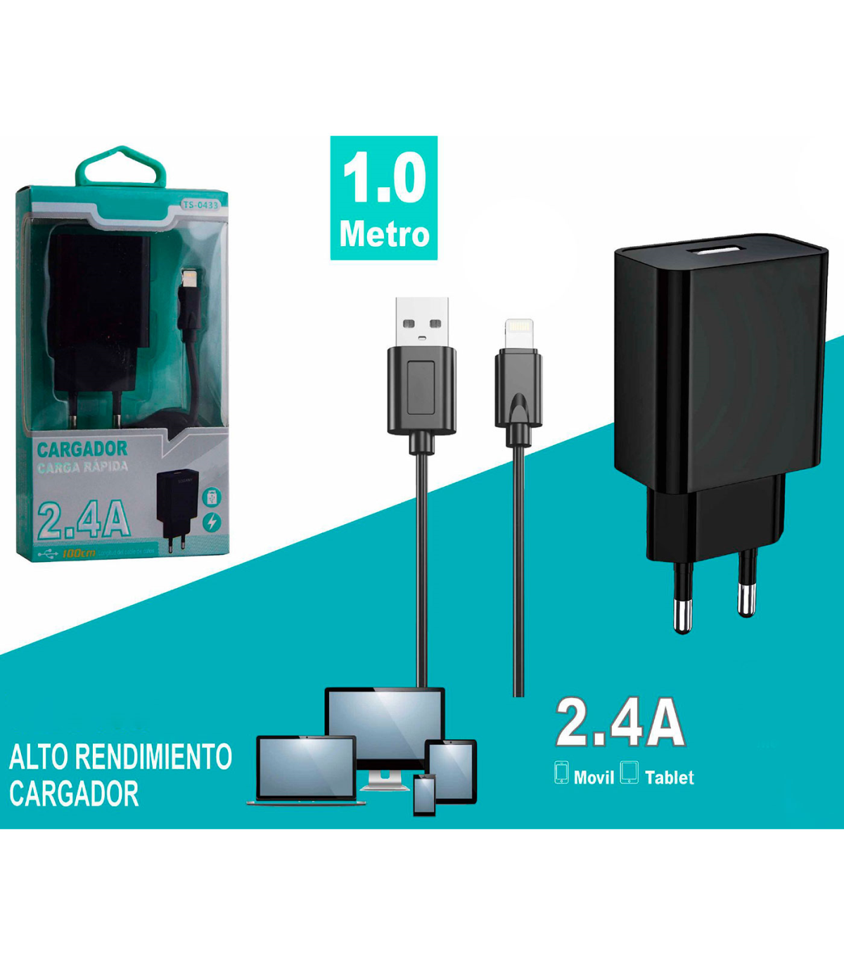 Tradineur - Cargador de móvil compatible con iOS, 2.4A, cable de 100 cm,  carga rápida, enchufe de corriente, smartphone, tablet