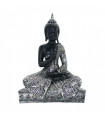 Figura de buda realizada en resina, de color negro con acabados en plateado, de 19 x 8 x 25 cm, Pequeña estatua de buda para decoración de hogar u oficina. Figurita zen para exterior o interior.