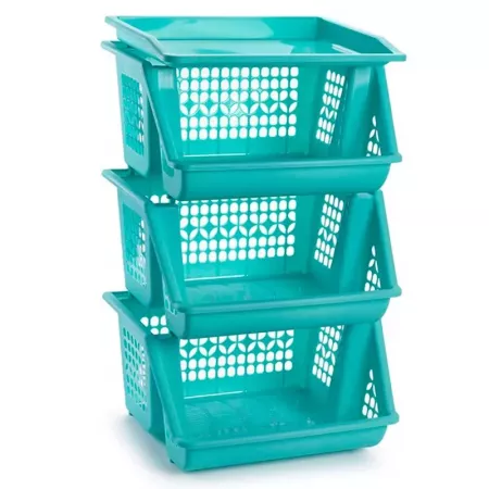 Tradineur - Verdulero apilable modelo PLFT color turquesa 3 cestas, 57 x 36 x 29 cm. Cestas portaobjetos apliables, estantes mul Tradineur - Verdulero apilable modelo PLFT color turquesa 3 cestas, 57 x 36 x 29 cm. Cestas portaobjetos apliables, estantes mul