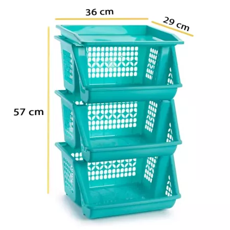 Tradineur - Verdulero apilable modelo PLFT color turquesa 3 cestas, 57 x 36 x 29 cm. Cestas portaobjetos apliables, estantes mul Tradineur - Verdulero apilable modelo PLFT color turquesa 3 cestas, 57 x 36 x 29 cm. Cestas portaobjetos apliables, estantes mul
