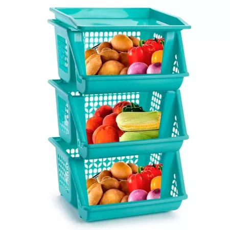 Tradineur - Verdulero apilable modelo PLFT color turquesa 3 cestas, 57 x 36 x 29 cm. Cestas portaobjetos apliables, estantes mul Tradineur - Verdulero apilable modelo PLFT color turquesa 3 cestas, 57 x 36 x 29 cm. Cestas portaobjetos apliables, estantes mul