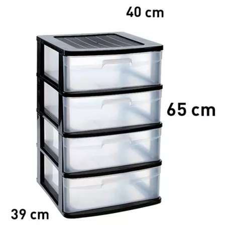 Tradineur - Cajonera almacenaje Sena, 4 cajones transparentes, plástico, torre de ordenación multiusos, hogar, 65 x 40 x 39 cm,