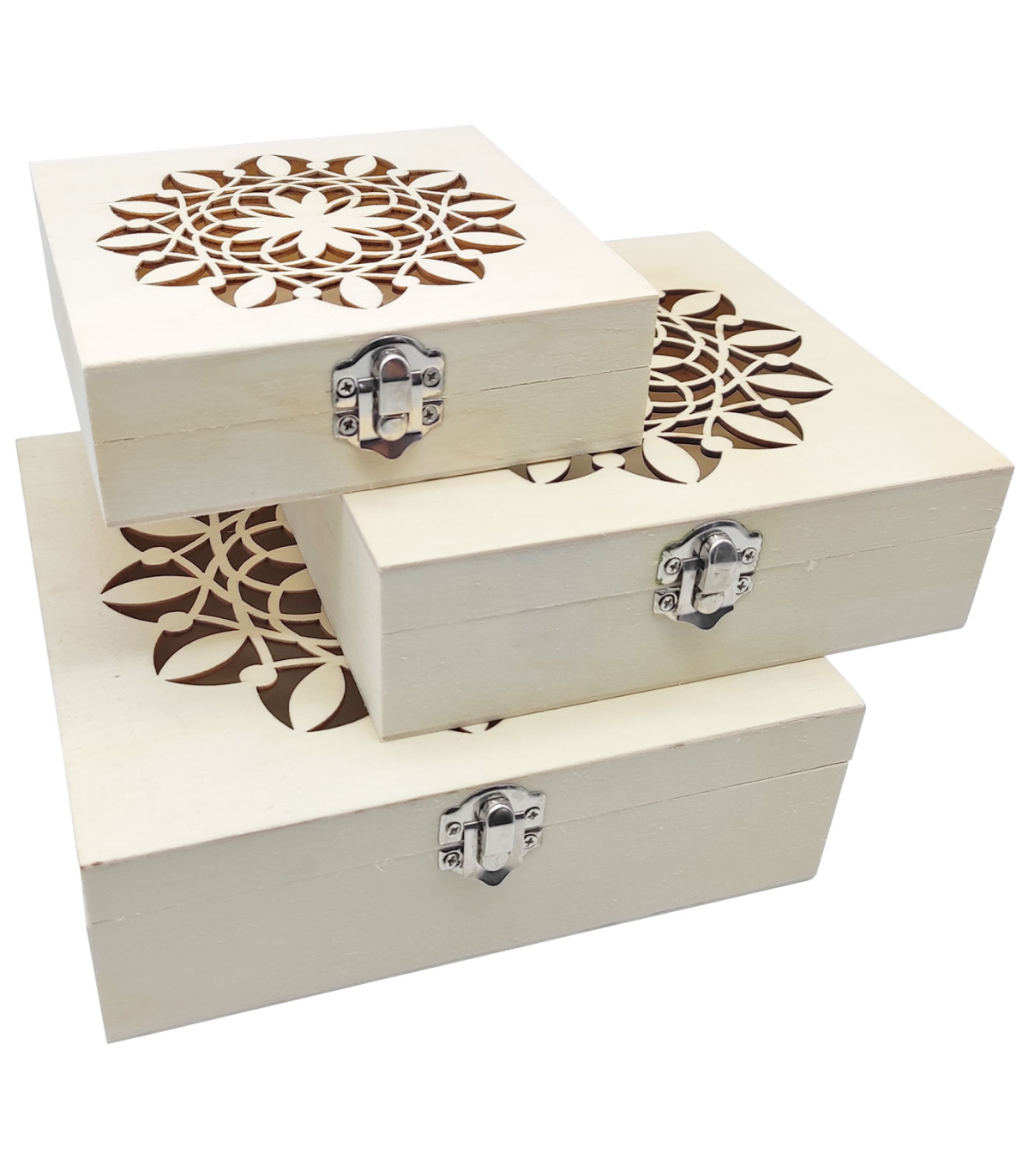 Tradineur - Set de 3 cajas de madera natural con tapa decorada