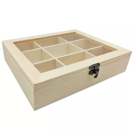 Tradineur - Caja de madera con 9 compartimentos y tapa con cristal, expositor de joyas, organizador, joyero, collares, relojes,
