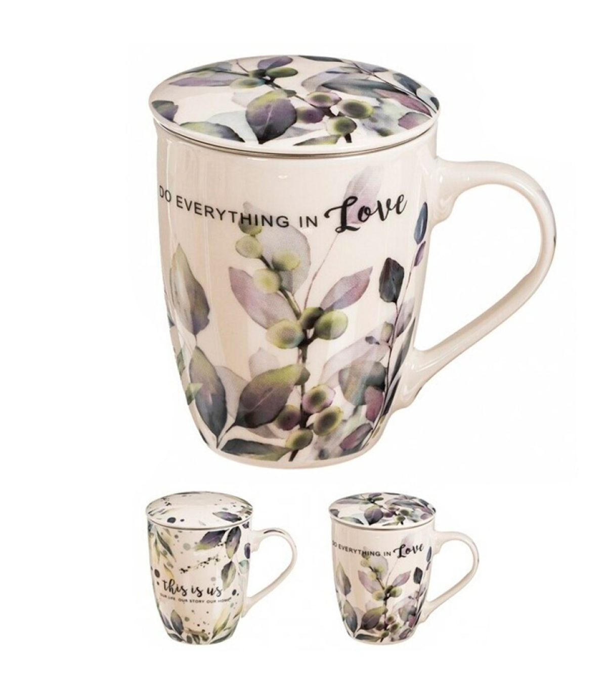 Tradineur - Taza de té con filtro y tapa, cerámica y acero inoxidable,  mantiene caliente la infusión, regalo original (Plantas