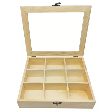 Tradineur - Caja de madera con 9 compartimentos y tapa con cristal, expositor de joyas, organizador, joyero, collares, relojes,