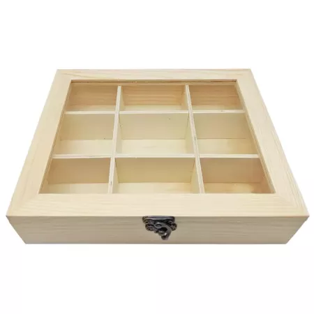 Tradineur - Caja de madera con 9 compartimentos y tapa con cristal, expositor de joyas, organizador, joyero, collares, relojes,