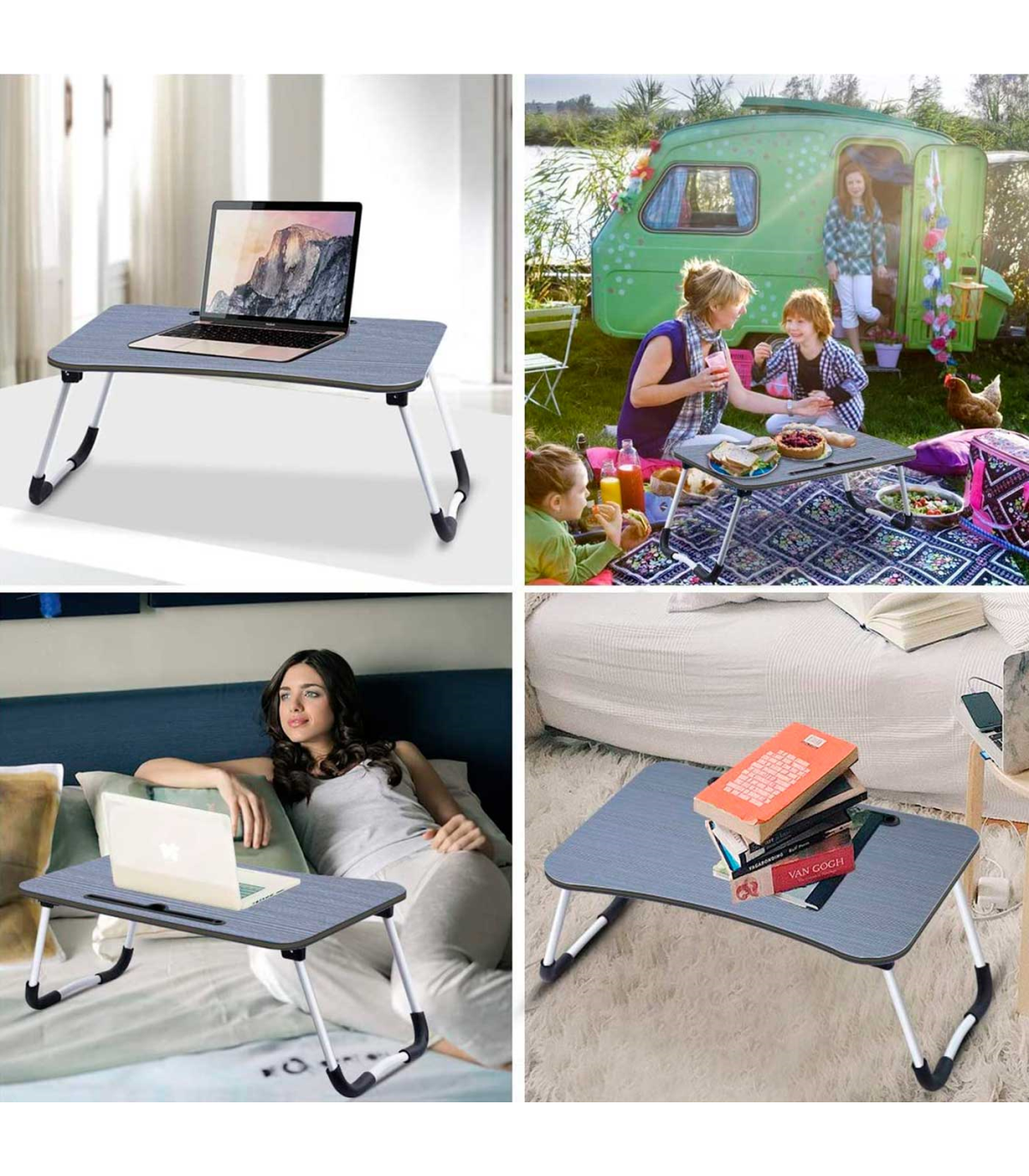 Tradineur - Mesa de cama para portátil, bandeja de MDF con patas plegables,  portavasos y ranura para tablet, desayuno, sofá (Neg
