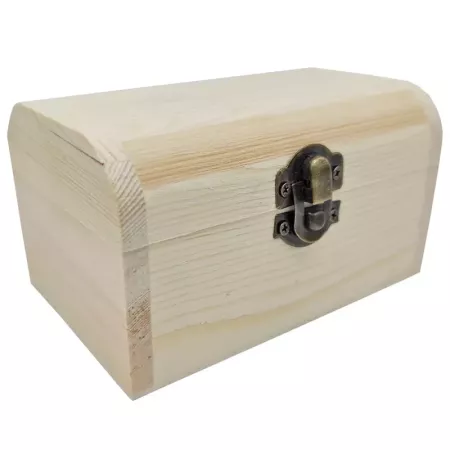 Tradineur - Caja con forma de baúl, madera natural, cierre metálico, tapa redondeada, almacenaje joyas, manualidades, decoración