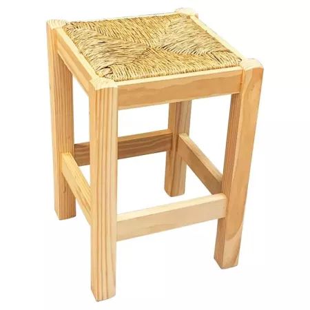 Tradineur - Taburete cuadrado de madera con asiento de rafia - banqueta con reposapiés y asiento de fibra natural para restauran