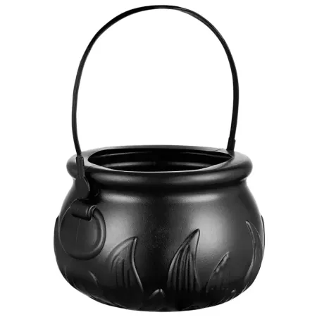 Tradineur - Cesta con asa para recoger caramelos, plástico, Halloween, cubo, recipiente para dulces, truco o trato (Negro, 9,5 x