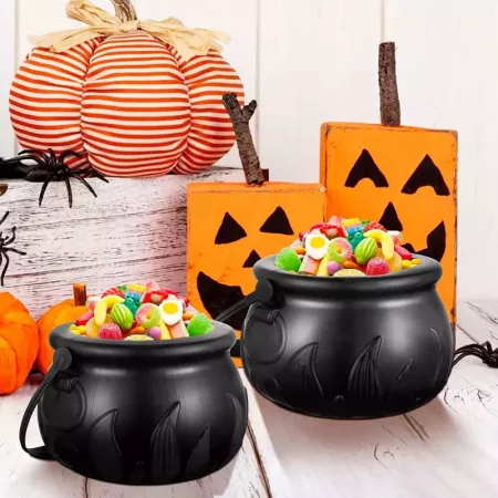 Tradineur - Cesta con asa para recoger caramelos, plástico, Halloween, cubo, recipiente para dulces, truco o trato (Negro, 9,5 x