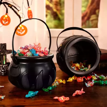 Tradineur - Cesta con asa para recoger caramelos, plástico, Halloween, cubo, recipiente para dulces, truco o trato (Negro, 9,5 x