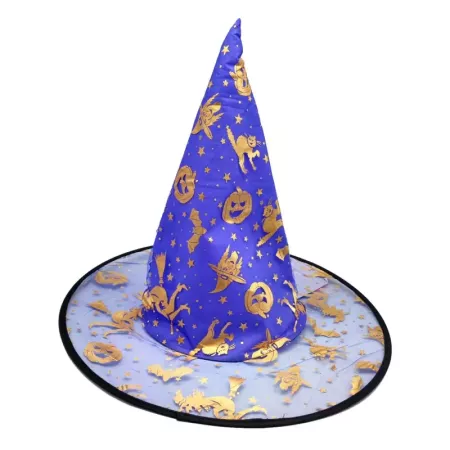 Tradineur - Gorro de bruja semitransparente decorado con calabazas, murciélagos, gatos - Sombrero de maga, hechicera, disfraz ca