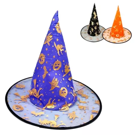 Tradineur - Gorro de bruja semitransparente decorado con calabazas, murciélagos, gatos - Sombrero de maga, hechicera, disfraz ca