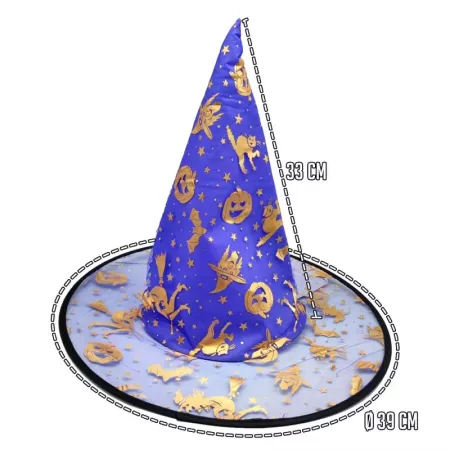 Tradineur - Gorro de bruja semitransparente decorado con calabazas, murciélagos, gatos - Sombrero de maga, hechicera, disfraz ca
