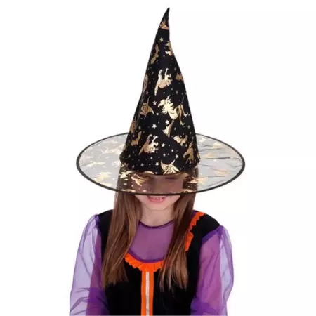 Tradineur - Gorro de bruja semitransparente decorado con calabazas, murciélagos, gatos - Sombrero de maga, hechicera, disfraz ca