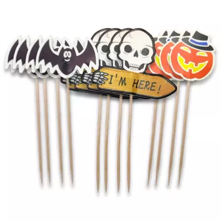 Tradineur - Set de 12 pinchos para halloween - Diseño de carabela, calabaza y murciélago - 10,5 cm de altura - Ideal para decora Tradineur - Set de 12 pinchos para halloween - Diseño de carabela, calabaza y murciélago - 10,5 cm de altura - Ideal para decora