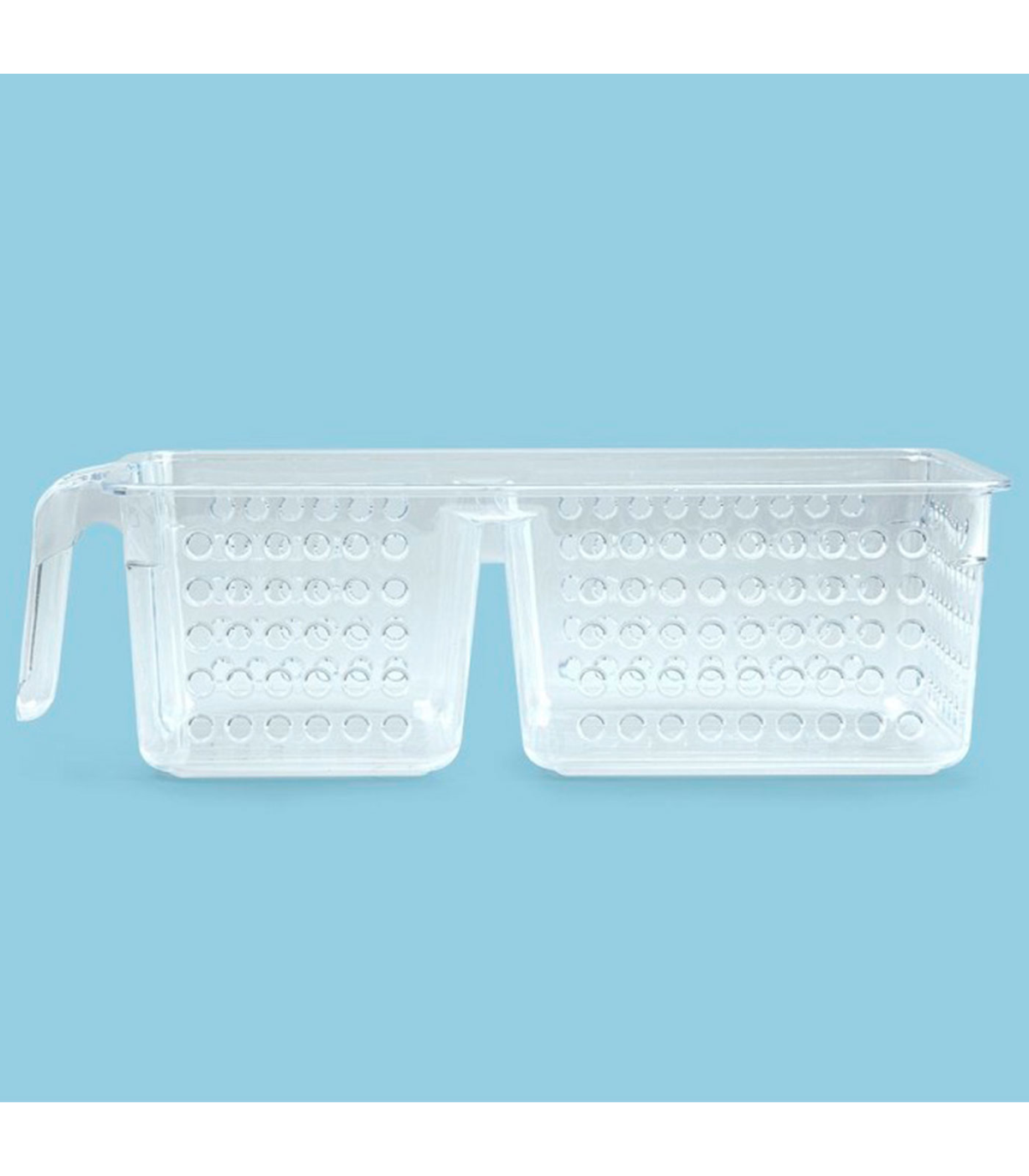 Tradineur - Cajón organizador para reutilizable, 2 compartimentos, recipiente plástico transparente con agujeros