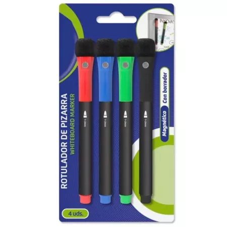 Pack 4 Rotuladores Magnéticos para Pizarra Blanca con Borrador