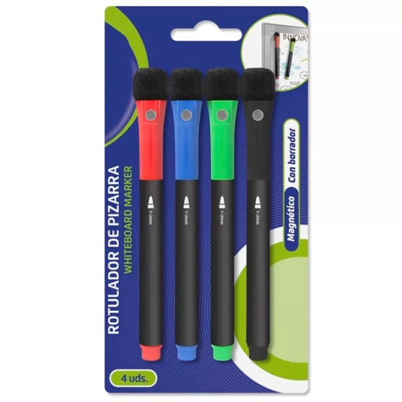 Pack 4 Rotuladores Magnéticos para Pizarra Blanca con Borrador