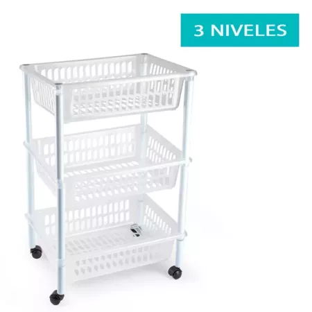 Tradineur - Carrito verdulero de plástico con 3 niveles y ruedas, cestas apilables portaobjetos, frutas, verduras, cocina, baño