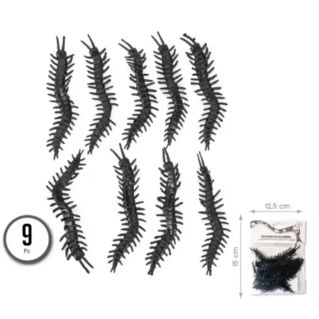 Tradineur - Pack de ciempiés para Halloween - 9 Unidades - Gran diseño - Decoración y accesorio para Halloween - Color Negro