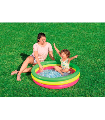 Tradineur - Piscina hinchable infantil con 3 anillos de colores, suelo  suave y parche de reparación, inflables de verano (221 li