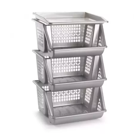 Pack 3 Cestas Apilables Multiusos Plástico Gris/Plata Pack 3 Cestas Apilables Multiusos Plástico Gris/Plata